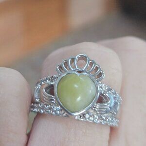 Connemara  marble white zircon heart of Ireland Claddagh ring size 7 new
